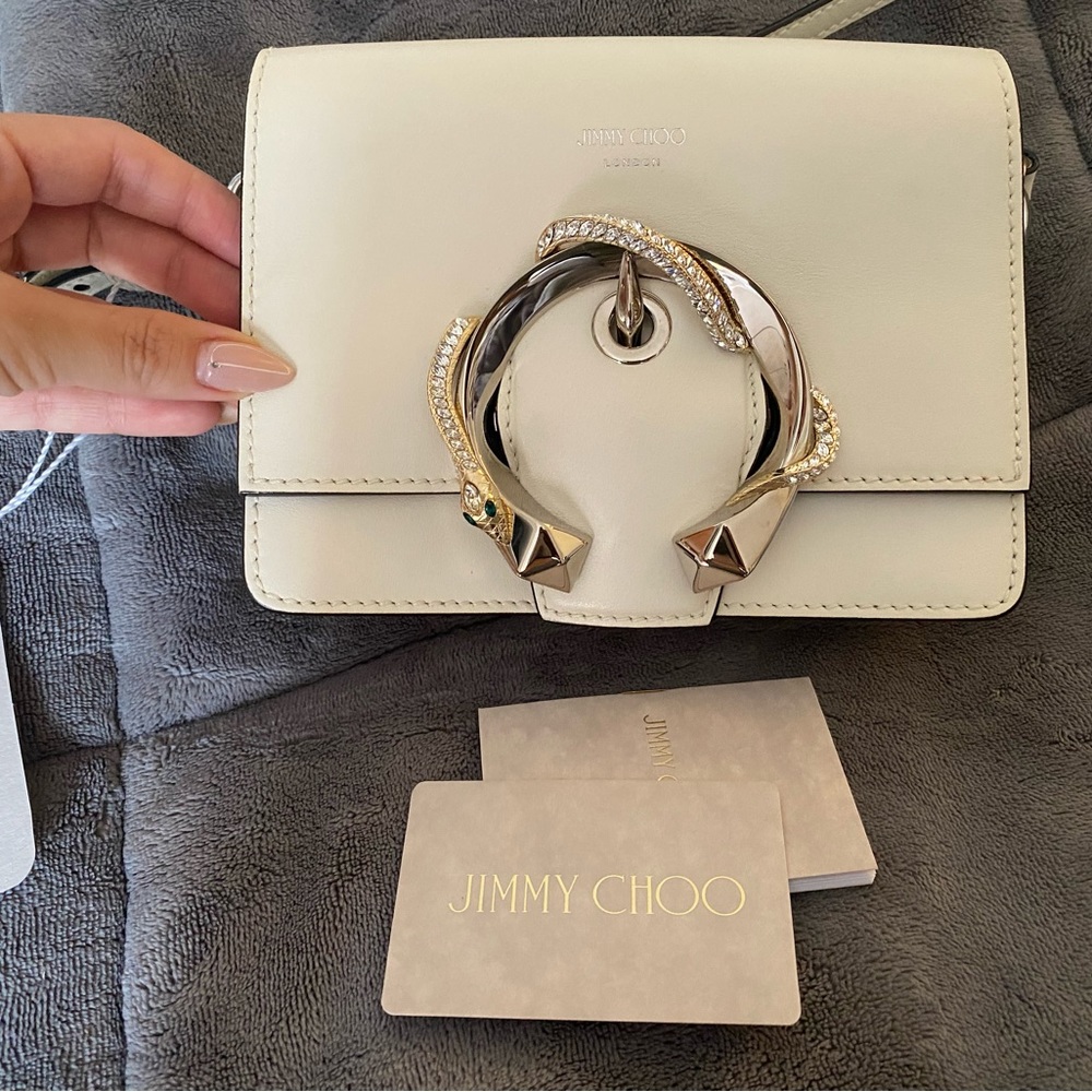 Jimmy Choo Latte Leather Crossbody/Shoulder Bag with Rare Crystal Snake Buckle